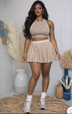 Love Poem Los Angeles Striped Trim Tank Top and Pleated Mini Skirt Set in Taupe